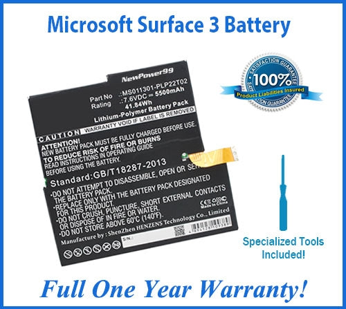 Microsoft Surface 3 Battery Replacement Kit with Special Installation Tools, Extended Life Battery and Full One Year Warranty - NewPower99 USA