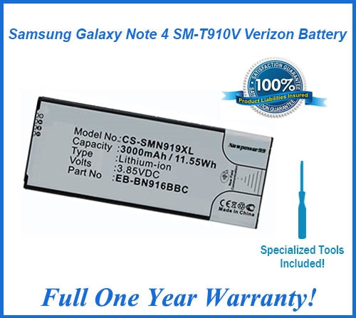Samsung Galaxy Note 4 SM-T910V Verizon Battery Replacement Kit with Special Installation Tools, Extended Life Battery and Full One Year Warranty - NewPower99 USA